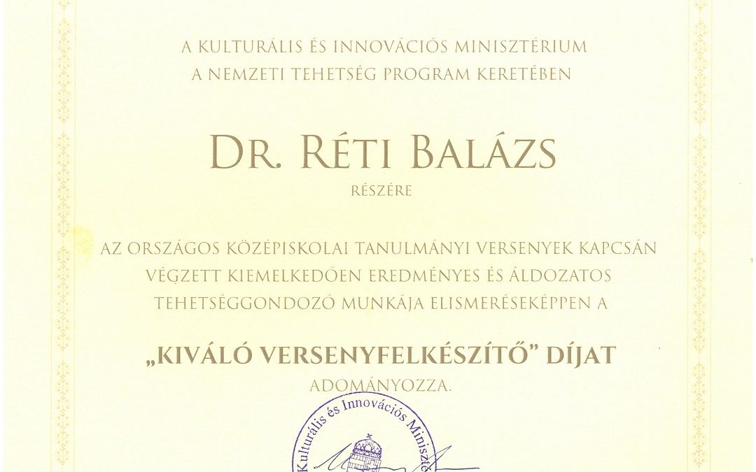 dr. Réti Balázs tanár úr elismerése