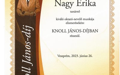 Nagy Erika tanárnő Knoll János-díjat kapott